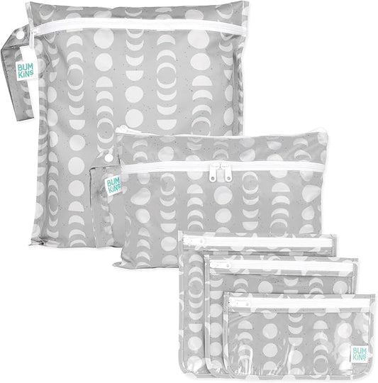 Bumkins - Waterproof Wet Bag, Wet/Dry Clutch & Clear Travel Bags - For Beach, Baby, Travel, Cloth Diapers, Pump Parts, Pool, Gym, Toiletries - Reusable & Easy to Clean - Lunar Gray - 5 Pack by Bumkins