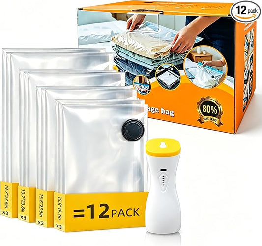12 Pack Vacuum Compression Bags with 2‑in‑1 Rechargeable Air Pump by Unknown