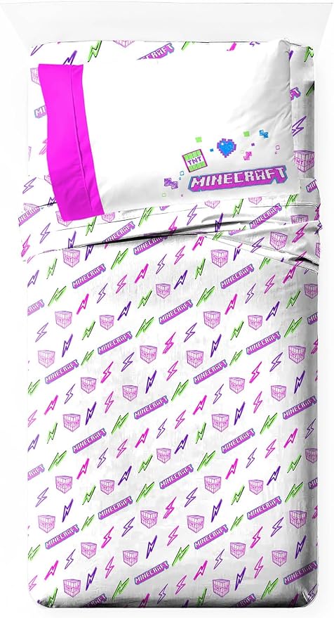Jay Franco Kids Sheet Set with Fitted, Flat Sheets & Pillow Cover - Ultra-Soft Bedding with Pillowcase for Room Decor, Purple - Minecraft, 3 Piece Twin by JayFranco
