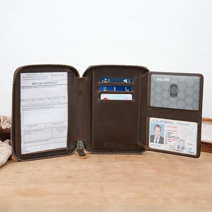 Polare Leather Pilot Wallet Passport Holder RFID Blocking Tri-fold Travel Cover Document Organizer for Aviation Professionals (Dark Brown(YKK Zipper with AirTag Slot)) - Image 6