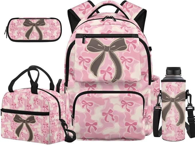 Pink Camo Bow 17 Inch Kids School Backpack Set, 4 Piece Backpack with Lunch Bag, Pencil Case and Water Bottle Holder, Lightweight School Bag for Elementary and Middle School by Unknown
