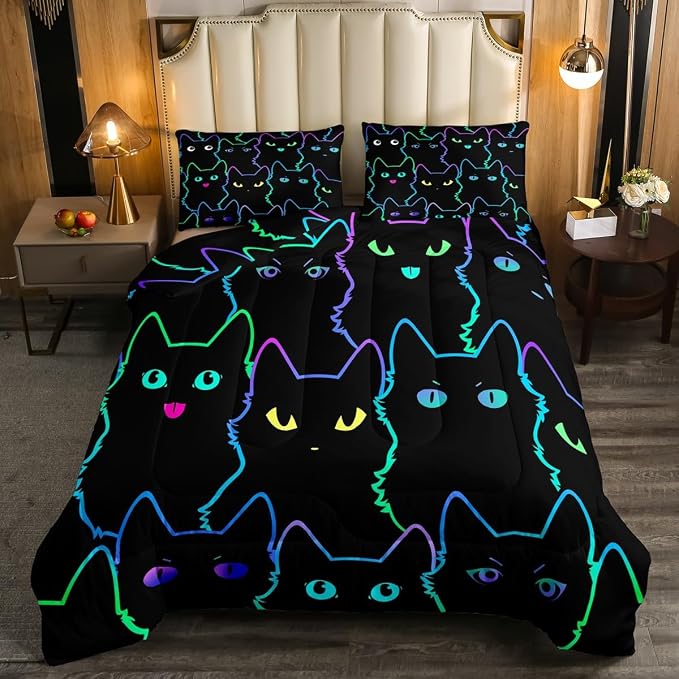 Erosebridal Cute Cat Kids Comforter Neon Rainbow Line Cat Queen Bedding Set for Girls Boys Teen Cartoon Kawaii Cats Toddler Bed Set Colorful Animals Quilt Set Reversible Black,2 Pillow Cases - Image 5