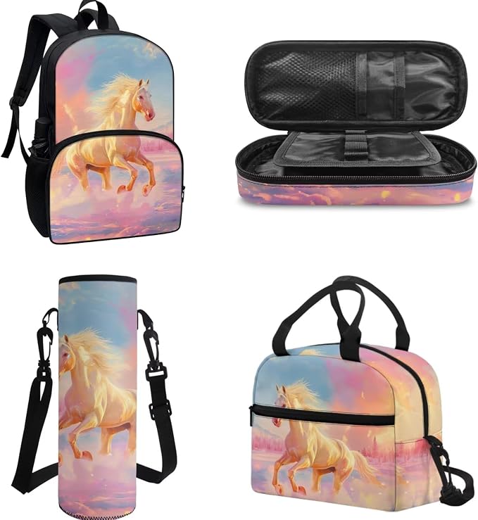 Horse Print School Backpack for Kids Children Teens,4Pcs Horse Animal School Bag Set Large Pencil Holder Pouch Crossbody Water Bottle Holder Bag Insulated Lunch Box Back to School Gift - Image 2