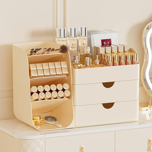 Makeup Organizer with Drawers, Large Capacity Countertop Organizer for Vanity, Bathroom and Bedroom Desk Cosmetics Organizer, Easy To Storage Skincare,Brushes, Eyeshadow,Lipstick (All Cream) by KQJS