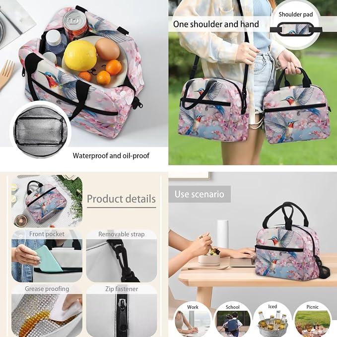 Floral Hummingbird Backpack and Lunch Bag Pencil Case Set for Girls, Middle School Elementary Bookbags, 3Pcs School Bag with Lunch Bag Pencil Case - Image 3