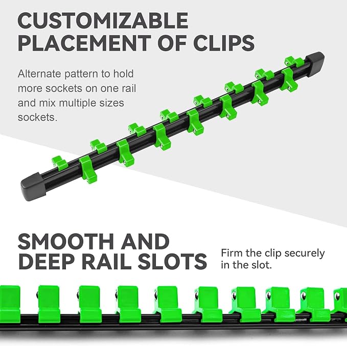 ALOANES 12PC Socket Organizer, Socket Rails Fit 1/2", 1/4" and 3/8" Drive | Portable Heavy Duty ABS Socket Holders Hold up 172 Sockets for Toolbox Drawer Bags(Green) - Image 5
