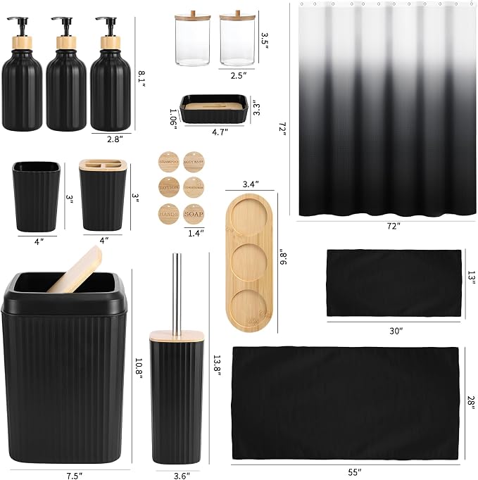 32PCS Bathroom Set Bathroom Accessories with Shower Curtain and Bath Towel,Trash Can,Bathroom Decor,Black Shower Curtain Set,Toilet Brush,Trash Can & 3PCS Soap Dispenser - Image 7