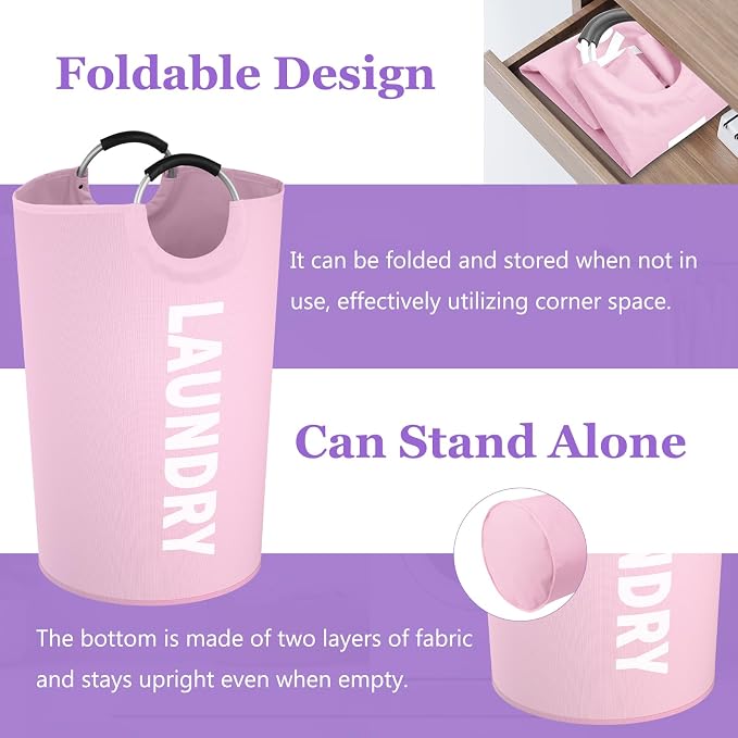 2Pack 125L Extra Large Laundry Baskets, Collapsible Laundry Hamper with Soft Handles, Dirty Clothes Basket in 600D Oxford Fabric, Sturdy Clothes Hampers for Travel, Family, Purple + Pink - Image 3