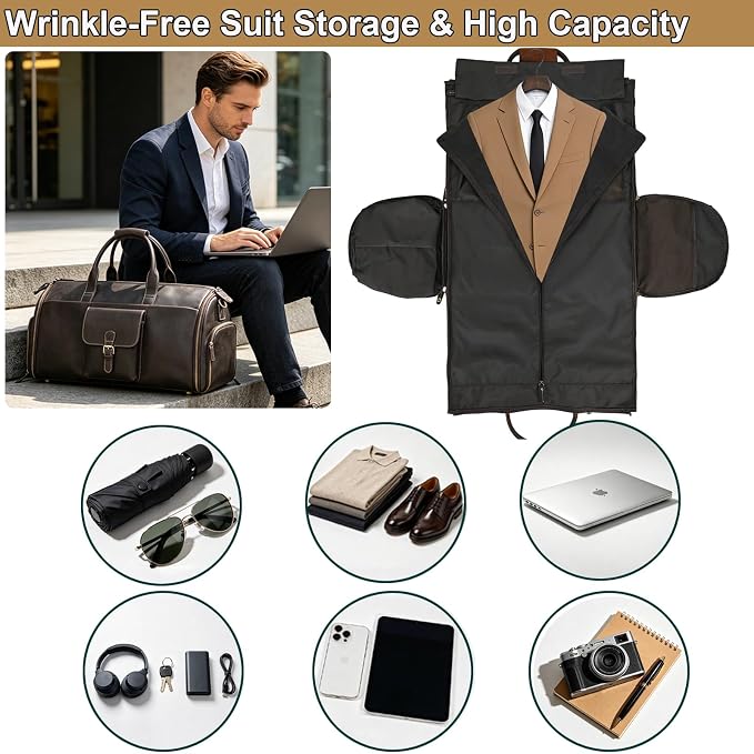 Full Grain Genuine Leather Garment Bag for Men 2 in 1 Convertible Suit Travel Duffel Bag Weekender Overnight Bag with Shoe Compartment Business Carry On Luggage, Dark Brown - Image 9