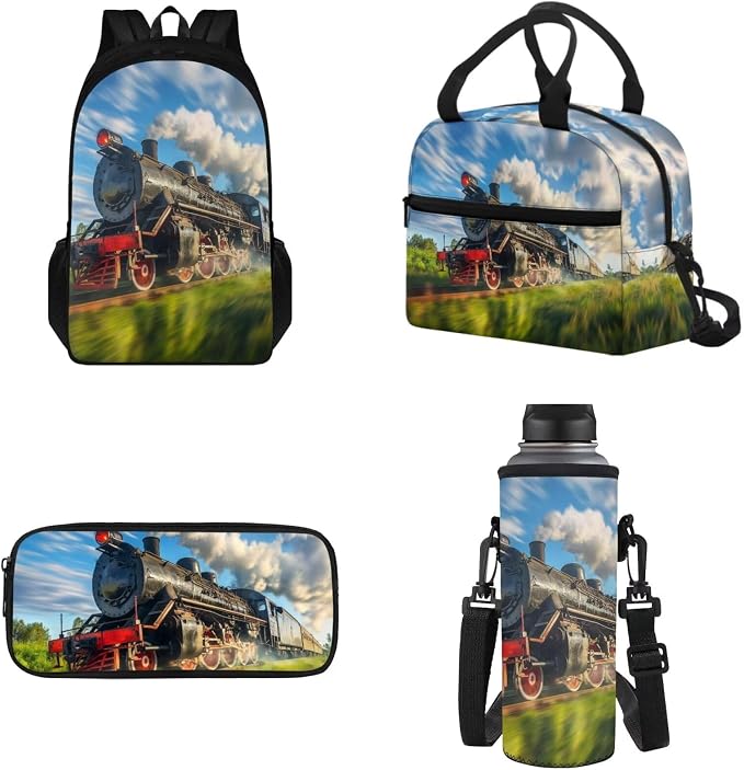 School Backpack Set Include Insulated Lunch Bag and Pencil Box and Water Bottle Bag, Train Print 4 Pcs School Bookbag Outdoor Travel Bags Casual Daypack for Teens Kids by Tomeusey