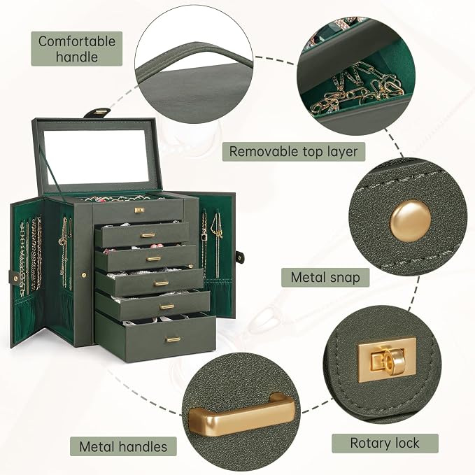 AKOZLIN 6-Tier Jewelry Box Organizer Functional 5 Drawers Leather Jewelry Storage Case for Women Girls Ring Necklace Earring Bracelet Holder Organizer with Mirror Extra Large Darkgreen - Image 3
