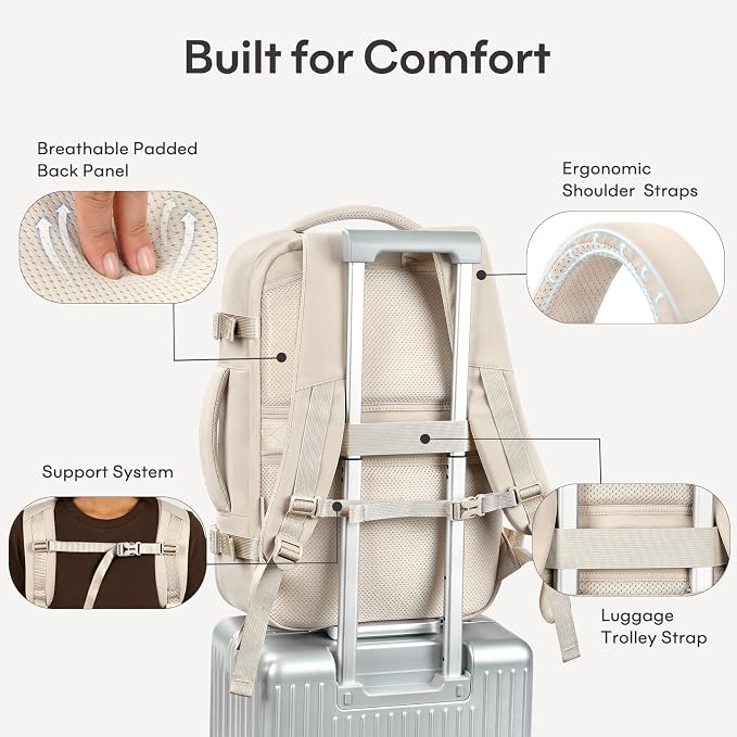 mibasies 40L Travel Backpack for Women & Men: Carry On Luggage Flight Approved, TSA Laptop Backpack with Water Bottle Pocket, Personal Item Bag Fits 17" Laptop for Weekender Business - Beige - Image 8