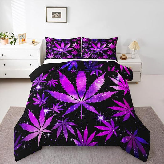 Erosebridal Purple Black Comforter Set Queen Size Hippie Leaf Bedding Sets for Adults Women Men,Leaves Galaxy Comforter Botanical Bed Quilt Set 2 Pillow Cases by Erosebridal