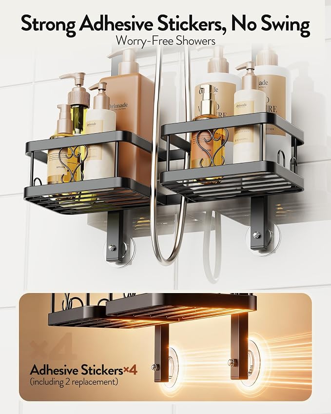Orimade Adjustable Hanging Shower Caddy for Handheld Shower Heads, Rustproof Bathroom Shelf Organizer Over Showerhead Storage Rack with 8 Hooks, Easy-Clean Removable Baskets & Triple Anti-Slip Fixing - Image 7