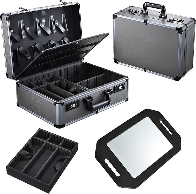 Yueieoun Professional Barber Case with Barber Clipper Tray Organizer, 6 Adjustable Clipper Slots & 8 Shear Holders, Portable Barber Carrying Case for Hair Tools & Supplies with Combo Locks by Yueieoun