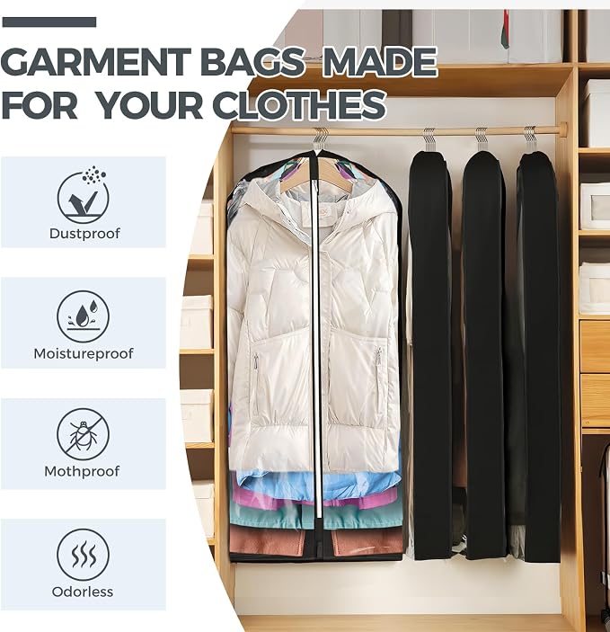 6 Pcs 40" Garment Bags for Hanging Clothes, Clear Suit Bags for Closet Storage Clothing Storage, Garment Bags Shoulder Covers with 4" Gussets for Coats, Jackets, Shirts and Sweater, Black - Image 2