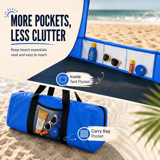 Beach Tent, Portable Sun Shelter for 2/3/4/6-8 Person with UPF 50+ UV Protection, Easy Setup Waterproof Beach Shade Canopy Cabana for Family Outdoor and Picnics, Fishing with Carrying Bag - Image 8