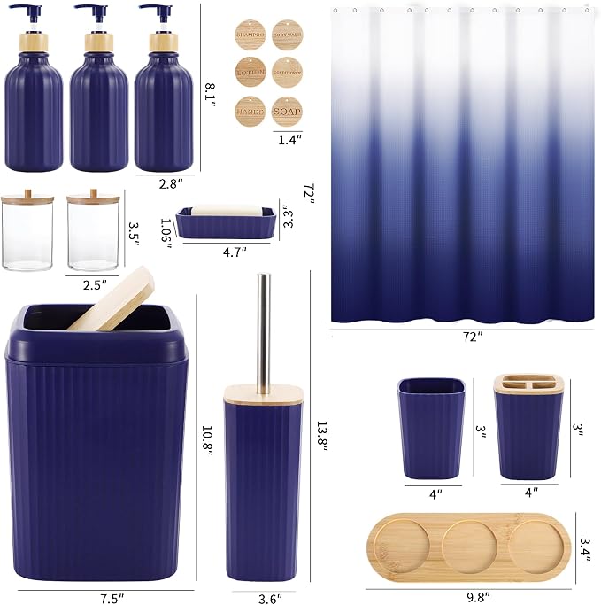 XLHOMO 30PCS Navy Blue Bathroom Accessories Set with Waffle Shower Curtain,Trash Can,3PCS Lotion Soap Dispenser, Toothbrush Holder, Soap Dish,Tumbler Cup,6PCS Wood Tags Bath Accessories with Tray - Image 6