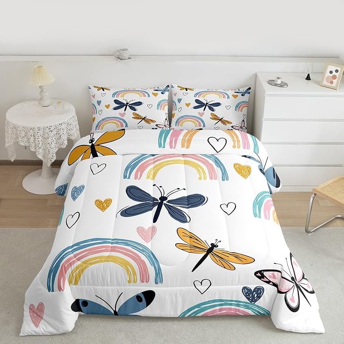 Rainbow Full Bedding Sets For Girls, Cute Dragonfly Duvet Insert,Hand Drawn Love Heart Comforter Set For Kids Boys Children Teens Adult, Rainbow Ripple Cartoon Quilt 3 Pieces With 2 Pillow Cases - Image 3