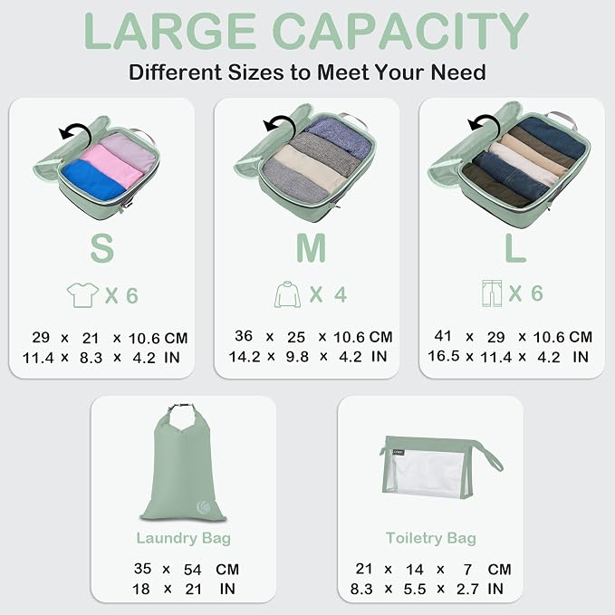 Cipway Compression Packing Cubes, Ultralight Luggage Organizer Bags with Laundry Bags and Clear Toiletries Bag, Travel Essentials for Carry on Suitcase (6 Piece,Sage Green) - Image 5