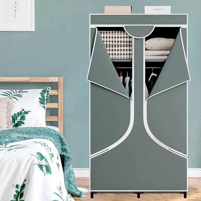 SORCEDAS Portable Wardrobe Closet Storage Organizer Metal Hanging Rack Non-Woven Fabric 34 Inch Grey - Image 2