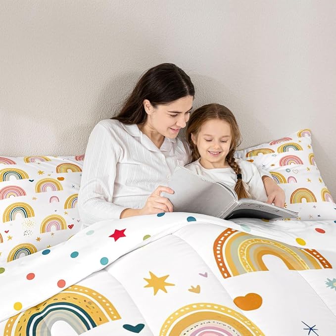 Erosebridal Girls Rainbow Comforter Set, Love Heart Bedding Set Full Size for Kids Boys Children Women, Cartoon Style Stars Duvet Insert Girly Soft Microfiber Quilted Duvet for Bedroom Decor - Image 5