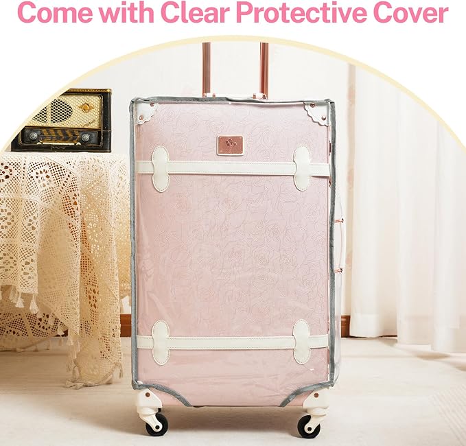 urecity 20" Elegant Pink Vintage Luggage Set 2 Piece, Aluminum Frame Retro Carry On Suitcase with Cosmetic Case, Vegan Leather Spinner Trunk for Women (Clear Cover Included) - Image 7