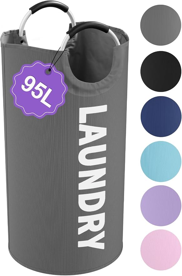 Collapsible Laundry Basket with Handles, 95L Large Laundry Hamper for Bedroom, Dirty Clothes Hamper Stand Up Well, Portable Storage Basket for Famliy, Travel, Dark Grey by IHOMAGIC