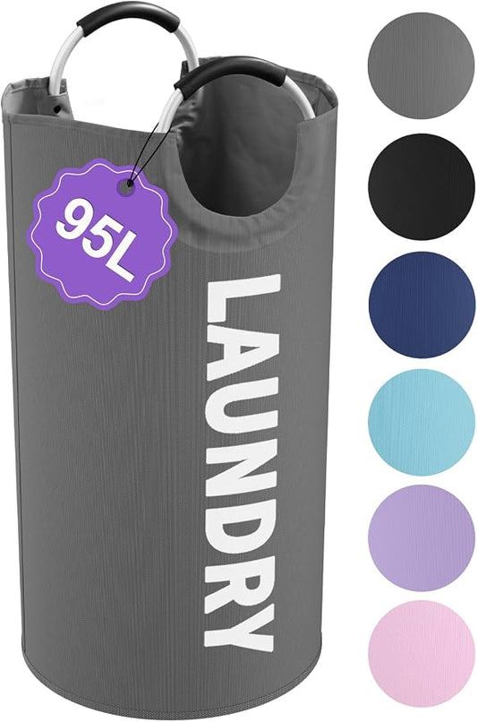 Collapsible Laundry Basket with Handles, 95L Large Laundry Hamper for Bedroom, Dirty Clothes Hamper Stand Up Well, Portable Storage Basket for Famliy, Travel, Dark Grey by IHOMAGIC