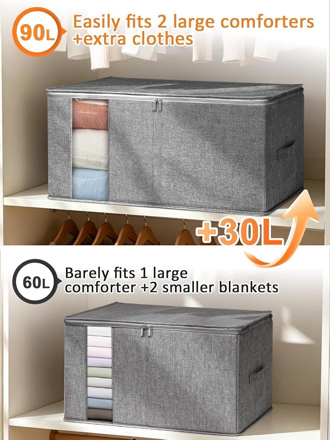 punemi King Size Comforter Storage Bag w/Sturdy Structure, 90L Extra Large Blanket Storage Bag for Bedding, Pillows, Quilts&Duvets, Stackable Closet Organizer with Clear Window,25.6x17.3x11.8in,Gray - Image 3