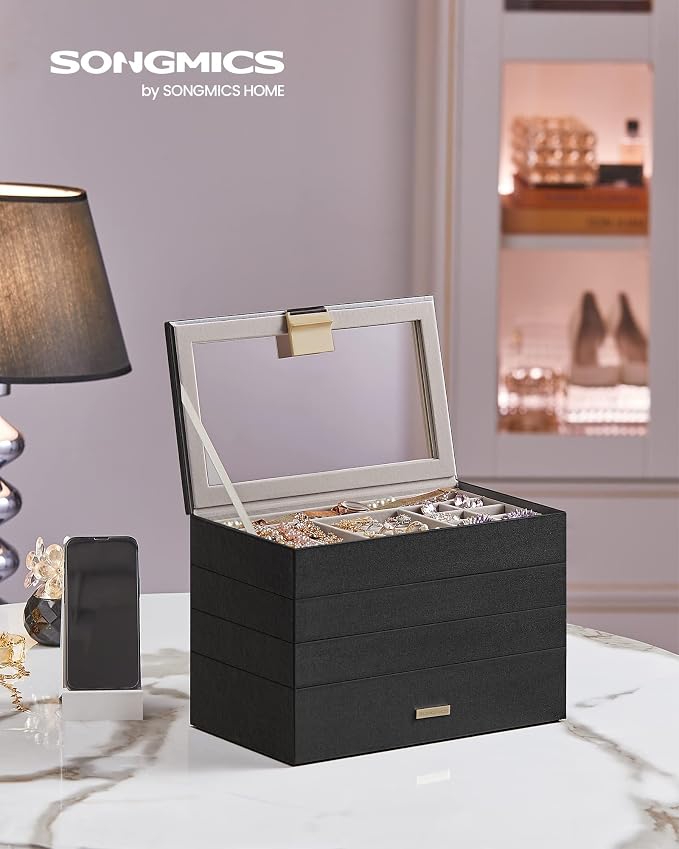 SONGMICS GISELLA Collection - Stackable Jewelry Trays, 4-Tier Jewelry Box, Drawer Jewelry Organizer, with Glass Lid, Removable Dividers, 6.7 x 11 x 7.2 Inches, Gift Idea, Ink Black UJBC164B01 - Image 2