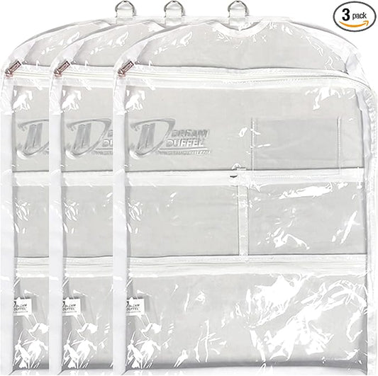 Clear Garment Bags for Dance Costumes 3-Pack, Short-Size, Side Zipper Entry, Storage Pockets for Shoes & Accessories, Size 24”x18”, Dream Duffel by DreamDuffel