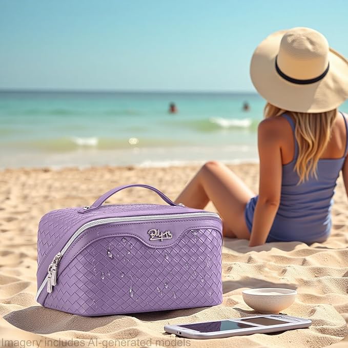 BOYATU Travel Makeup Bag Cosmetic Bags for Women: Large Capacity 3 Pcs Set Make up Bag with Compartments - Waterproof Vegan Leather Toiletry Organizer Bags with Handle (L01 Purple) - Image 7