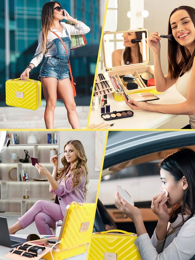 Kalolary Travel Makeup Train Cases with Lighted Mirror 3 Color Setting | Makeup Bag Cosmetic Organizer Adjustable Brightness Portable Makeup Storage Box with Detachable 5X Magnifying Mirror Yellow - Image 7