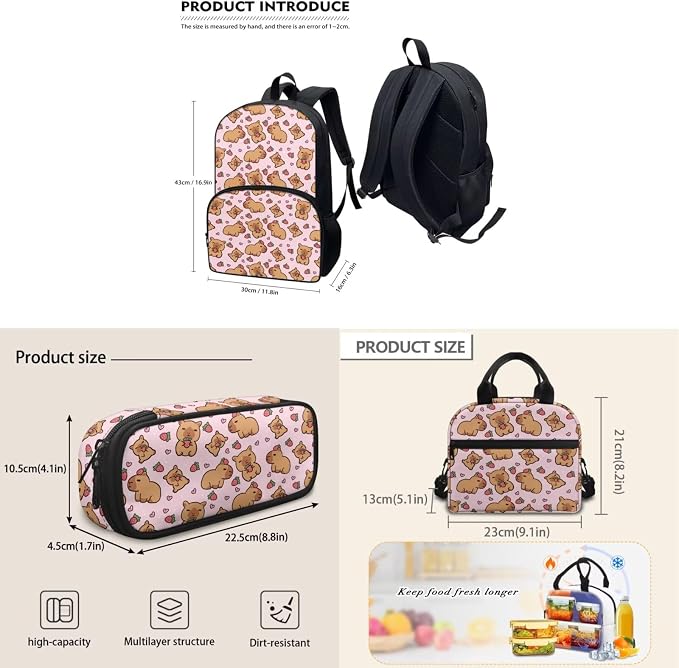 Capybara Print Kids Backpack Set, Lightweight School Backpack for Kids Elementary Bookbag for Students with Adjustable Strap, 3pcs with Lunch Box And Pencil Case - Image 5
