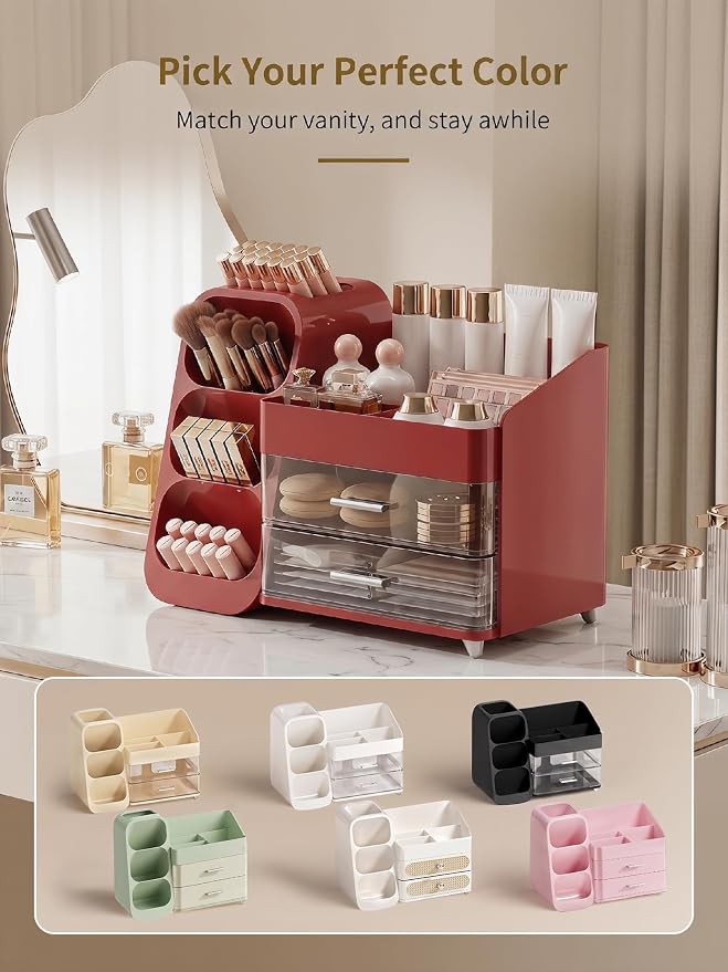 Booklov Makeup Organizer for Vanity, Large Capacity Cosmetic Display Case with Clear Acrylic Drawers, Countertop Beauty Storage Holder for Skincare, Brush Eyeshadow Lipstick, Counter Desk, Crystal Red - Image 9
