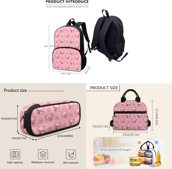 Axolotl Donuts Backpacks for Kids, Girls Backpack School Bookbags with Insulated Lunch Box Pencil Case 3 in 1, Lightweight Sports Backpack - Image 4