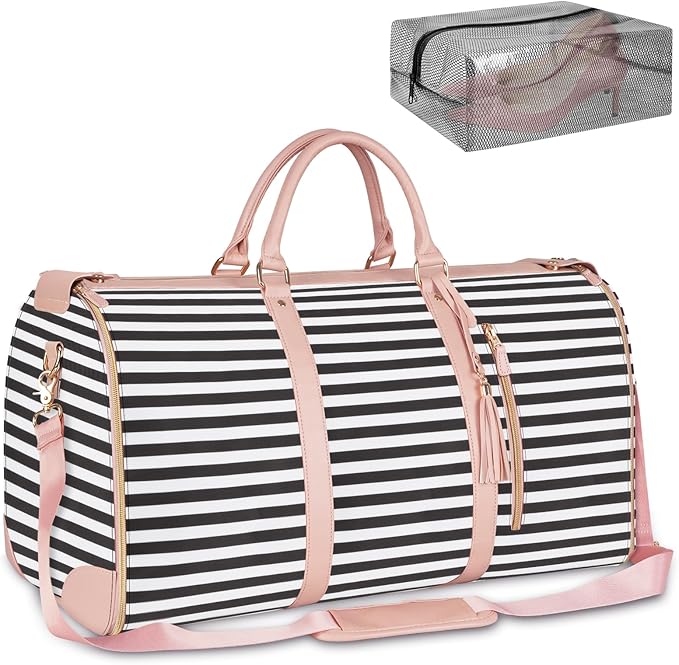 Ytonet Carry On Garment Bag, Large Hanging Duffle Bag for Women, PU Leather Waterproof Bags Travel with Shoe Pouch - 2 in 1 Suitcase Suit Bags, Black and White Stripe by YTONET