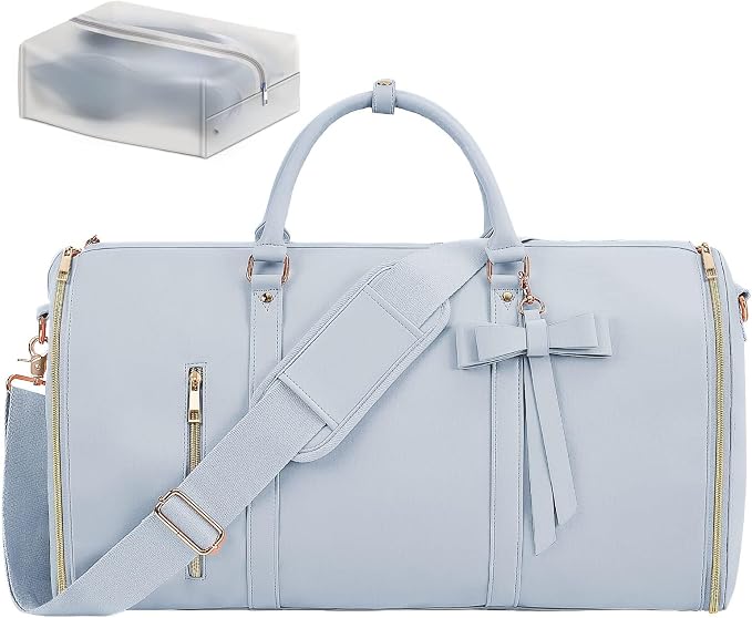 Garment Bags for Travel, Convertible Suit Travel Bag for Women, Stylish Carry On Garment Bag with Toiletry Pocket, Shoulder Strap and Shoes Compartment, 2 in 1 Foldable PU Leather Duffle Bag, Blue by STHMEOOHT
