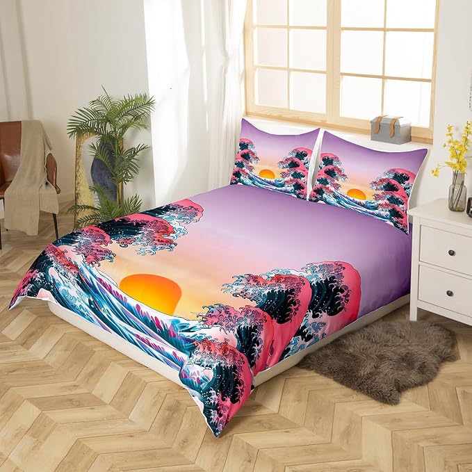 Japanese Style Duvet Cover King Japanese Wave Pattern Bedding Set with Zipper Ties Surf Water Abstract Sunset Pattern Comforter Cover Set for Adult Women Girls Teen Soft Microfiber Comforter Cover - Image 2