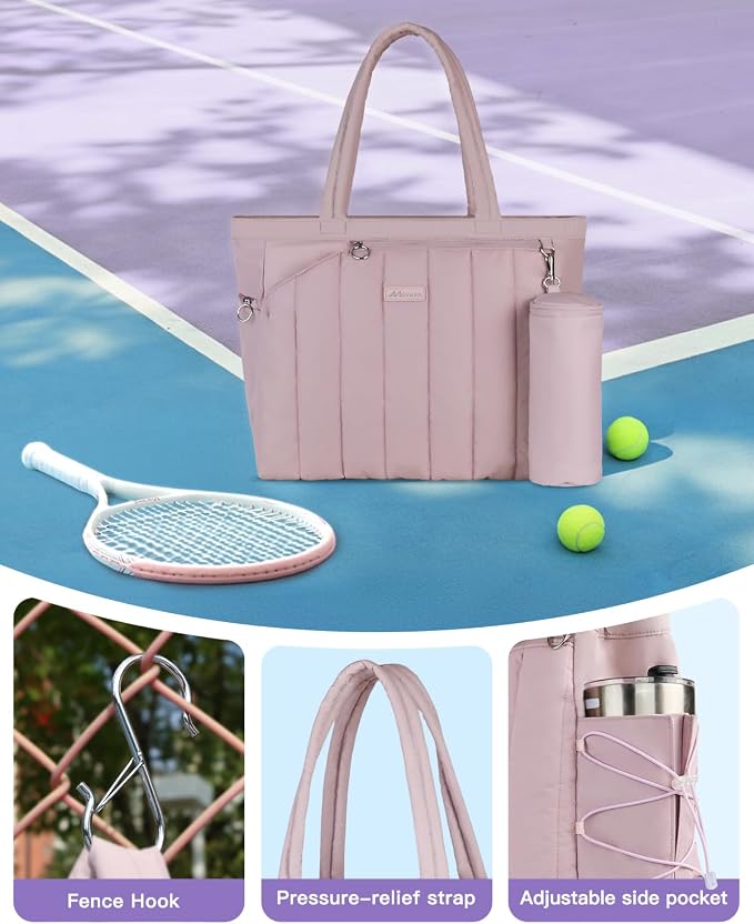Quilted Tennis Tote Bag for Women Gym Duffle Bag with Shoe Compartment & Wet Pocket Fits 2-4 Rackets and 15.6" Laptop Overnight Weekend Sports Bag with Fence Hook(Large size) - Image 5