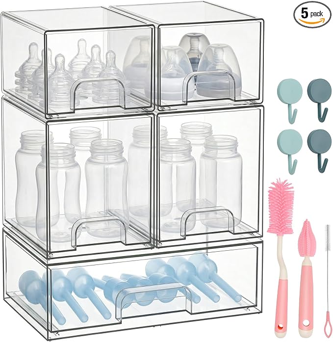 POLRAI 5 Pack Baby Bottles Organizer with Brush and Hooks, Stackable Acrylic Storage Boxes for Baby Bottles, Makeup, Small Items, Clear Storage Containers for Kitchen, Bathroom, Bedroom, Cabinet by POLRAI