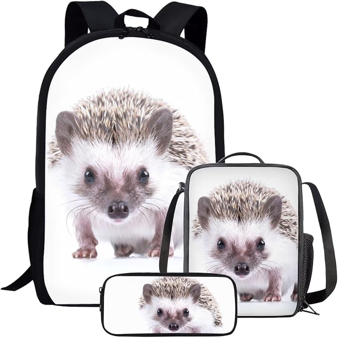Kids Novelty Animal Backpack and Lunch Box for Boys Girls Student Lightweight 17 Inch School Hedgehog Backpack with Lunch Bag Pencil Case Kids Comfy Padded Black Large Bookbag by Parprinty