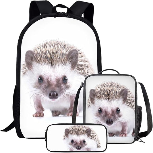 Kids Novelty Animal Backpack and Lunch Box for Boys Girls Student Lightweight 17 Inch School Hedgehog Backpack with Lunch Bag Pencil Case Kids Comfy Padded Black Large Bookbag by Parprinty