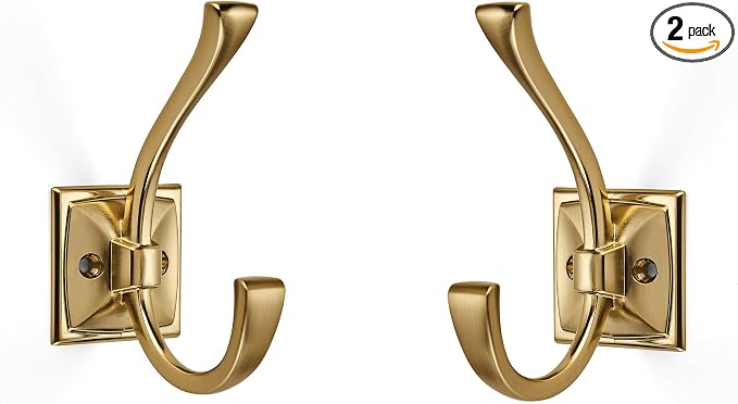 Large Wall Hooks 2 Pack Brushed Gold Coat Hardware for Hanging 4.35 Inch Double Robe Wall Mounted With Screws for Key, Towel, Bags, Cup, Hat by ZAUYX