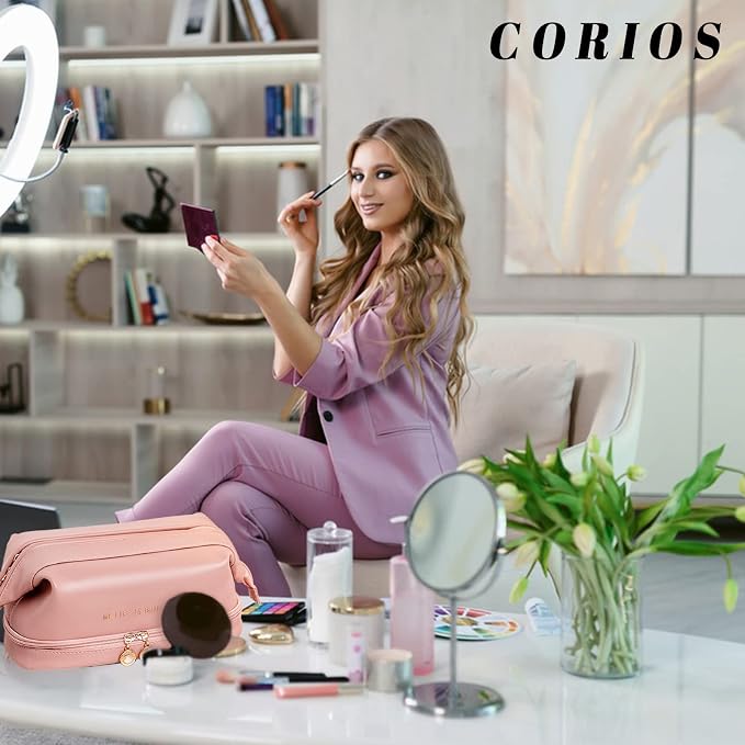 CORIOS Toiletry Bag For Women Portable Make Up Bag Waterproof Wash Bag PU Leather Cosmetic Bag Bathroom Shower Bag Multifunctional Travel Organizer For Shampoo, Cosmetics, Toiletries Pink B - Image 2