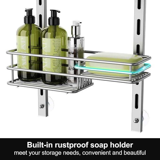 Orimade Over the Door Shower Caddy Adjustable 5 Tier Silver Grey,Bathroom Hanging Organizer Shelf Rustproof with 4 Hooks,Shower Basket with Soap Holder and Suction Cup - Image 4