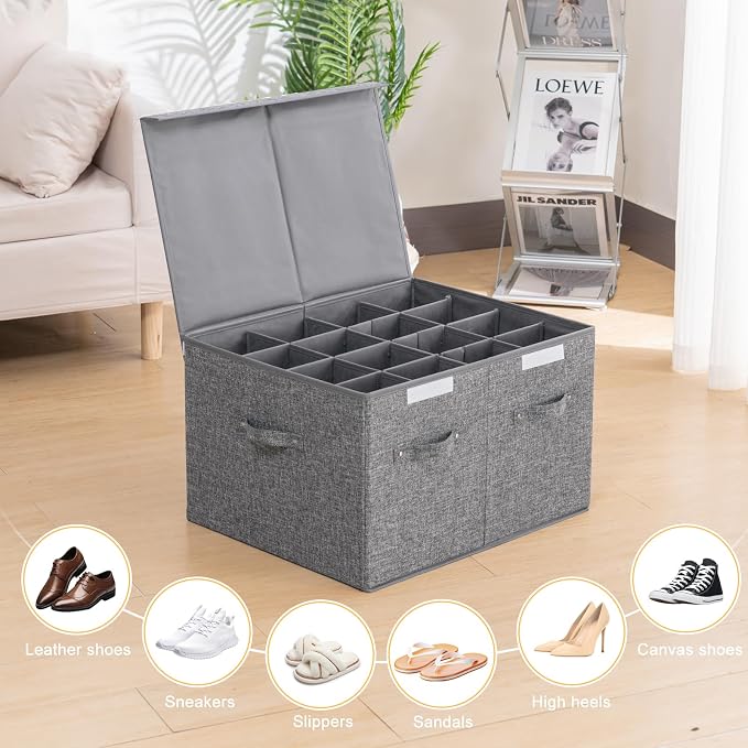 2 Pack Shoe Storage Box Fits 32 Pairs, Large Shoe Organizer with Lid and Adjustable Dividers for Closet, Shoes, Sneakers and High Heeled, Foldable and Stackable (Grey) - Image 2