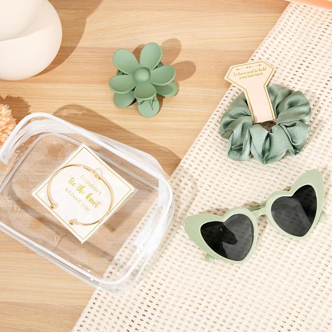 DEEKA 30 Pcs Bridesmaid Proposal Bag Set Gift Clear Makeup Toiletry Bag Bachelorette Party Favors Sunglasses Flower Claw Clips Scrunchies Knot Bracelets Bridal Wedding Party Gifts (Sage Green) - Image 8