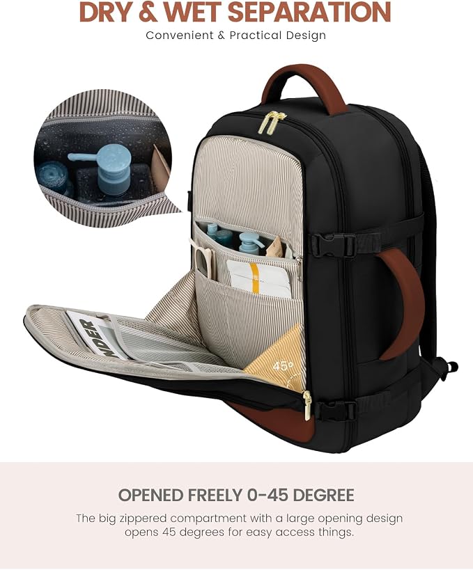 LOVEVOOK Carry On Travel Backpack For Women Men Flight Approved, 40L Personal Item Backpack for Airplanes, Business Weekender Overnight Daypack Fits 17 Inch Laptop, With 2 Packing Cubes, Black-Brown - Image 8